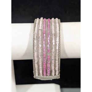 Pink Glass Bead Wide Bangle Bracelet Silver Tone Hinge Clamp 7 Inch